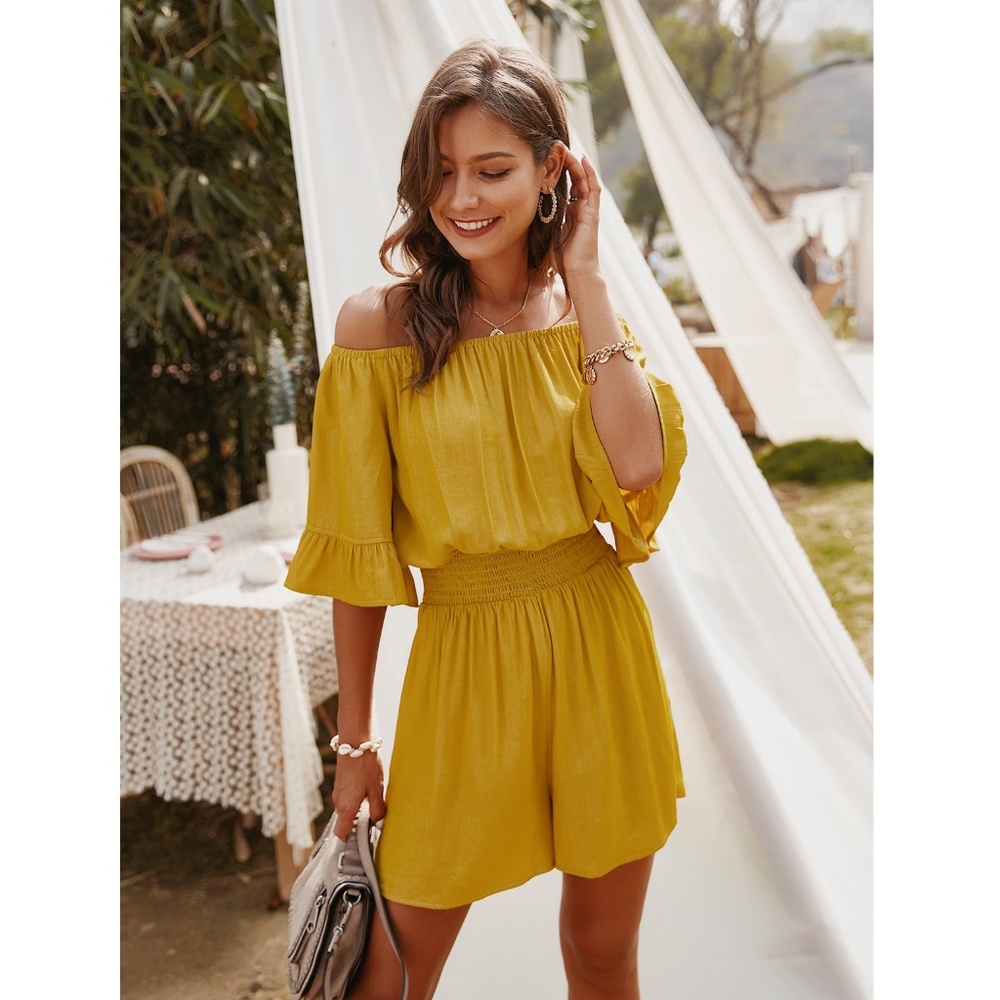 Mustard Yellow Off Shoulder Ruffle Detail Romper - Picture 3 of 9